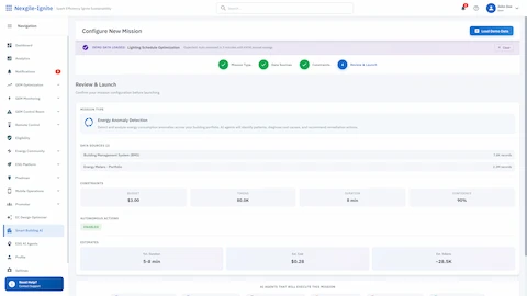 Mission Configuration Interface - Configure energy anomaly detection missions with data sources, constraints, and autonomous action settings